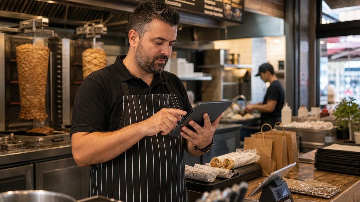 Manager de restaurant gyros verificând facturi și plăți în Selio
