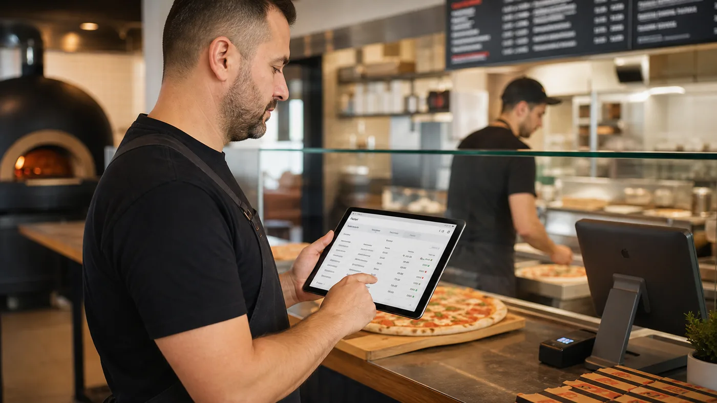 Manager de restaurant pizza folosind Selio Invoices pe tabletă