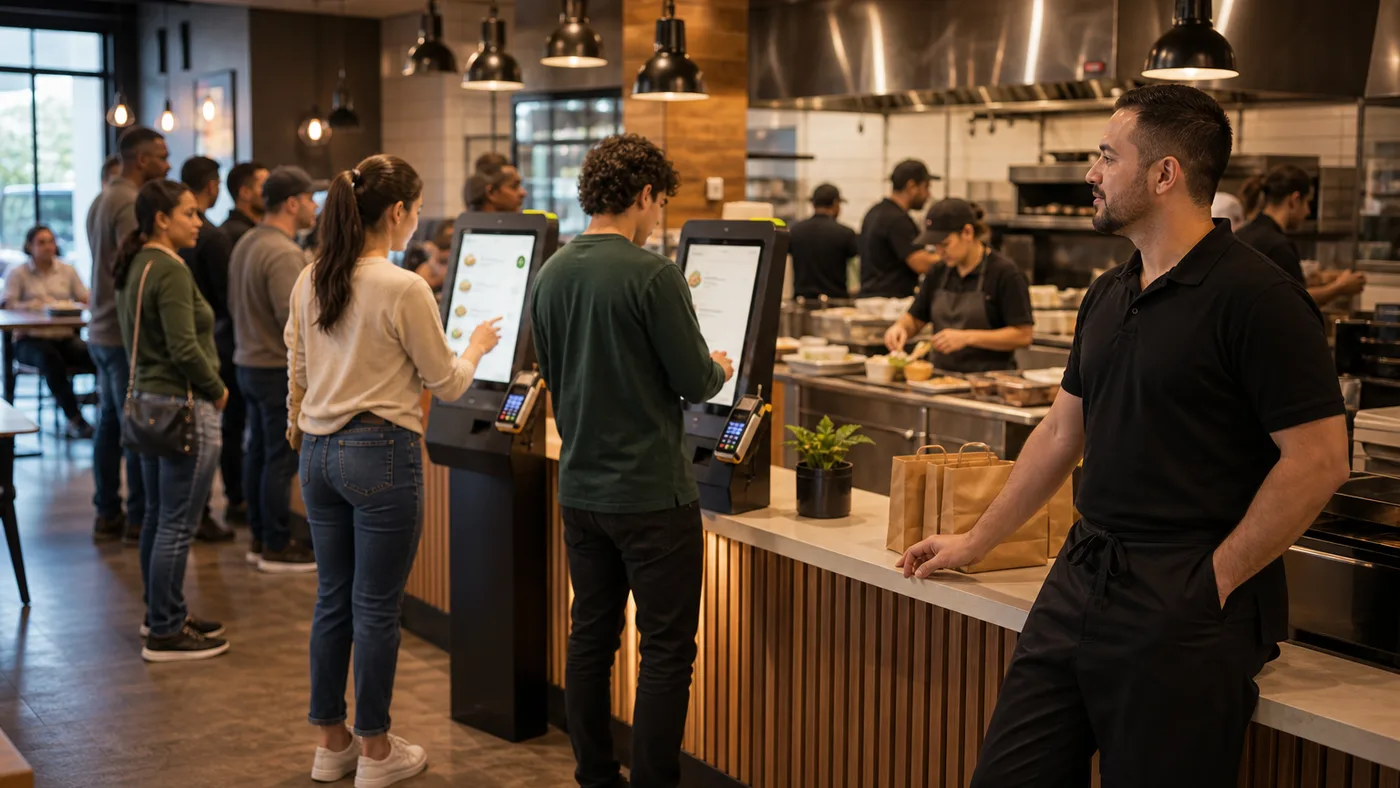 Restaurant quick service cu clienți care comandă la kiosk Selio